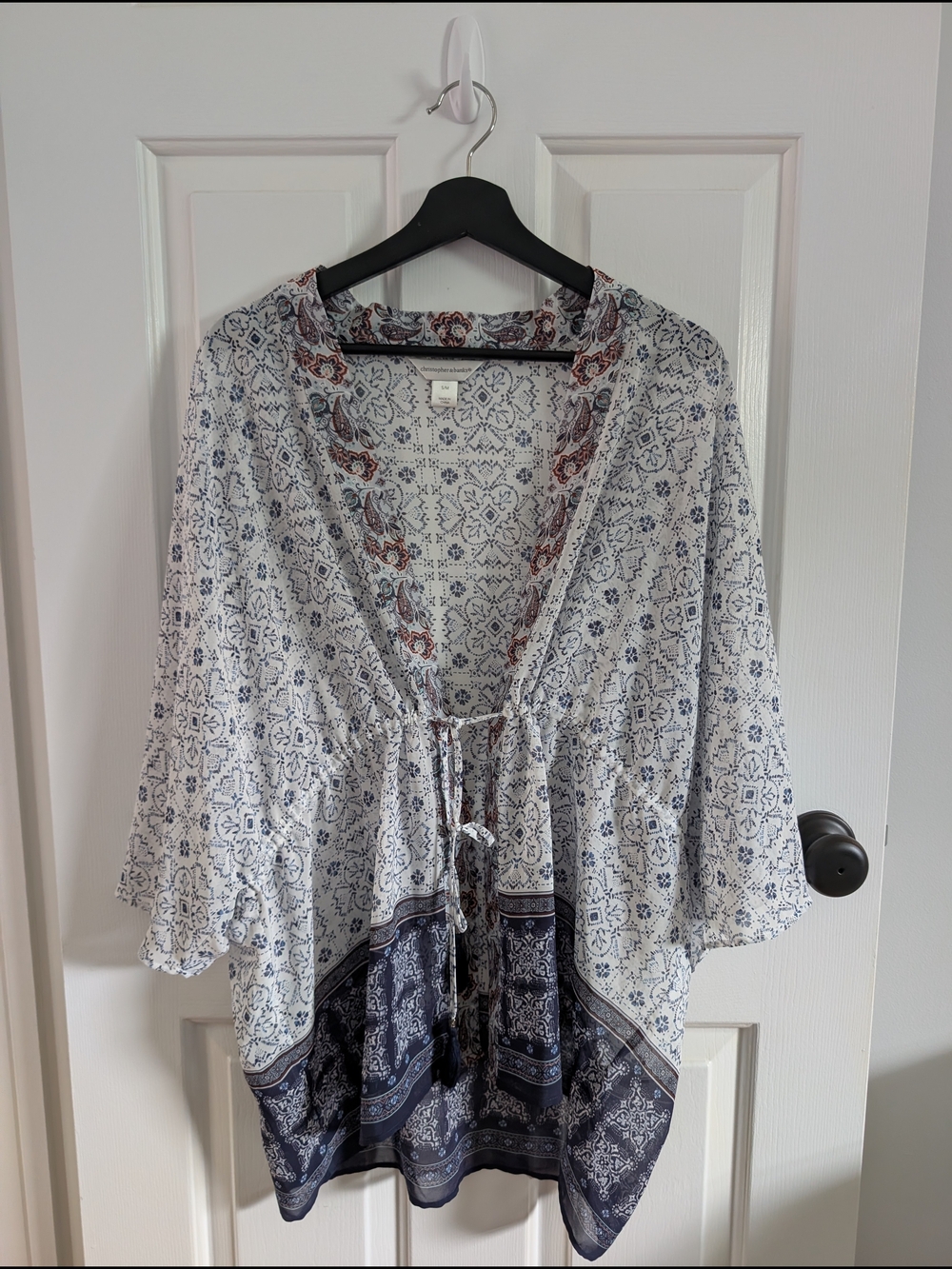 Christopher & Banks Women's White Blue Printed Tassel Tie-Front Tunic Small/Med